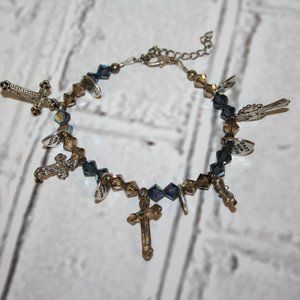 Beautiful blue and brown cross charm bracelet 7-9"